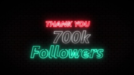 Thank you 700k followers. 700,000 followers realistic neon sign on the brick wall animation. confetti party effects, social media milestone motion graphics animation.