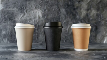 Minimalist composition of three different colored disposable coffee cups with lids, standing on a moody textured surface with soft lighting.