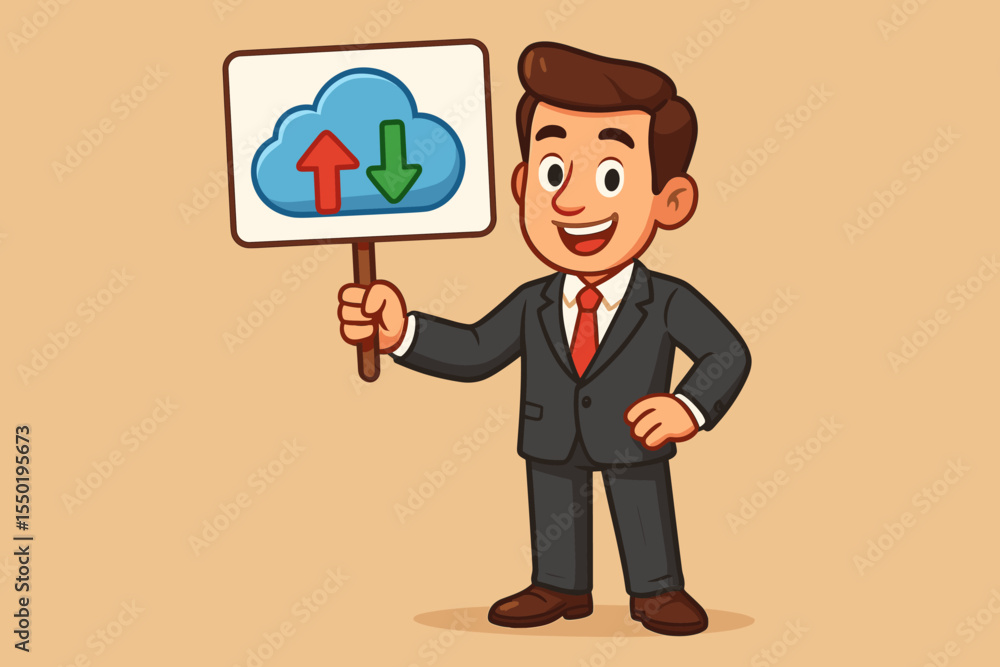 Poster businessman holding cloud storage sign for data upload and download. vector cartoon character illust