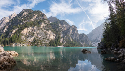 Amazing view of Braies lake and mountains. Dolomites, Alps, Italy