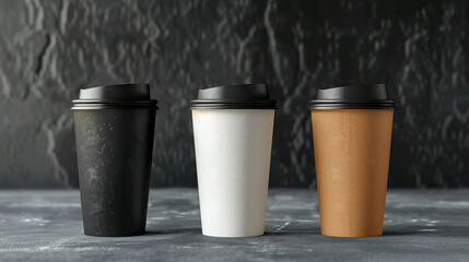 Close-up of a textured paper coffee cup with black lid surrounded by aromatic roasted coffee beans on a dark moody surface.