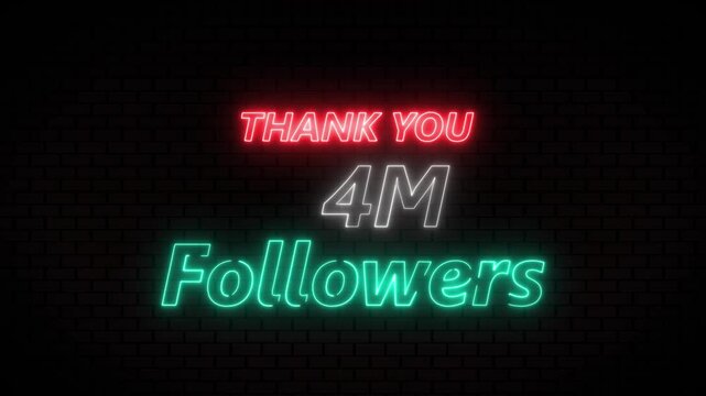 Thank you 4M followers. 4 Million followers realistic neon sign on the brick wall animation. confetti party effects, social media milestone motion graphics animation.
