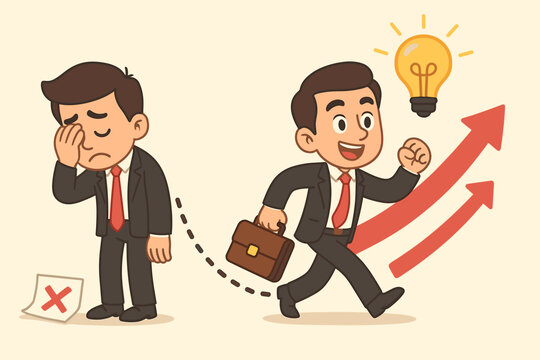 Businessman learning from mistakes, moving towards success with idea development. Concept of career growth, transformation from failure. Overcoming challenges and personal progress. - Powered by Adobe