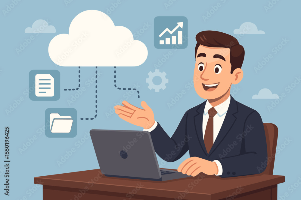 Poster cloud computing technology concept for business. businessman working remotely on a laptop. online da