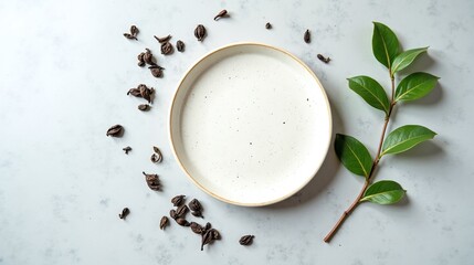 The image features a white plate with speckled design surrounded by small, dark seeds and a green leafy sprig against a light, textured background.