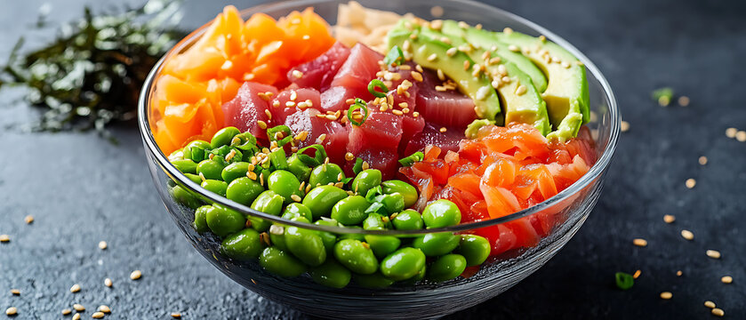 Colorful Poke Bowl with Tuna, Salmon, Edamame, Avocado, and Sesame Seeds - Powered by Adobe