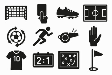 Solid black soccer icon collection featuring goal, card, shoes, field layout, whistle, scoreboard, and tactical board. Vector symbols on white background. © VectorGomes