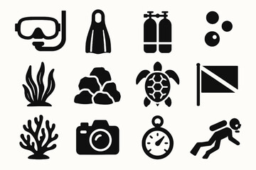 Scuba diving icon collection featuring marine life, diving gear, photography, and underwater exploration elements. © VectorGomes