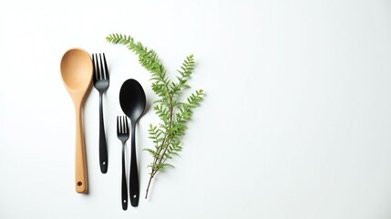 An arrangement of kitchen utensils and leafy sprigs against a plain backdrop, evoking a sense of simplicity and tranquility.