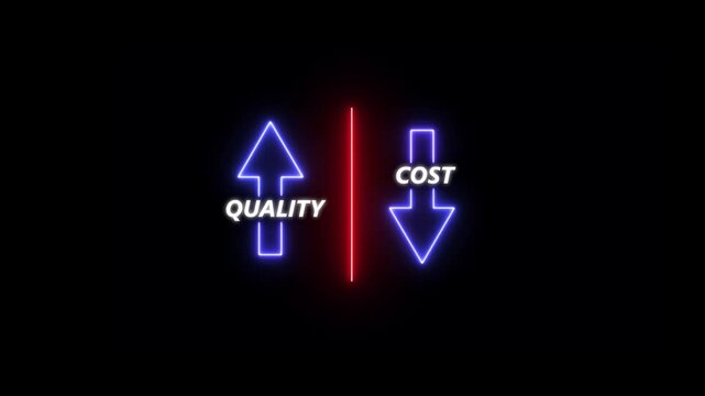 glowing neon Cost and quality control concept. Percentage icon of quality Successful organization strategy and management. Percentage icon of quality with up arrow and cost with down arrow.