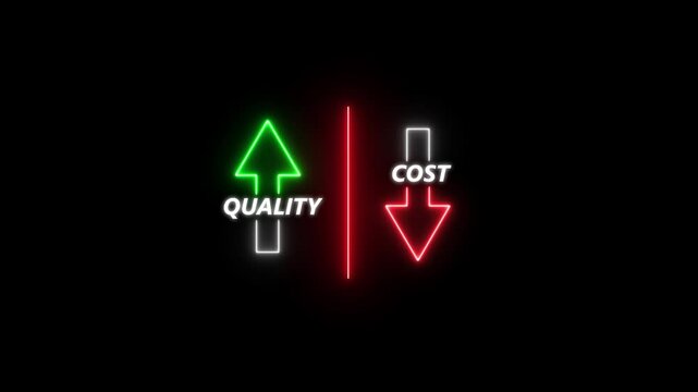 glowing neon Cost and quality control concept. Percentage icon of quality Successful organization strategy and management. Percentage icon of quality with up arrow and cost with down arrow.