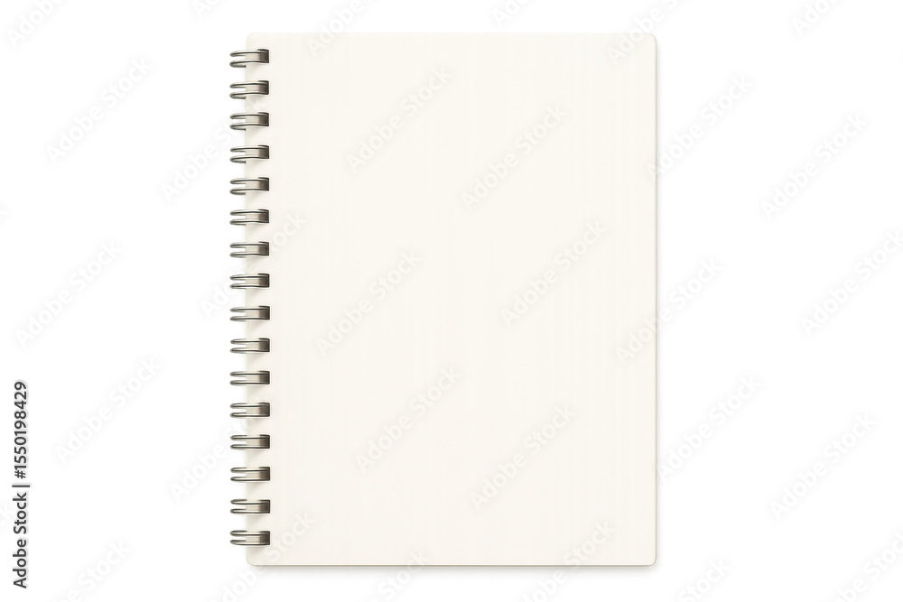 Poster blank spiral notebook mockup displaying clean white pages against transparent backdrop