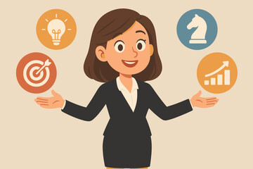 Businesswoman Cartoon Balancing Strategic Planning Icons. Target, Chess Knight, Lightbulb, Growth Arrow. Leadership, Decision Making, Success, Business Strategy, Female Manager Vector Illustration