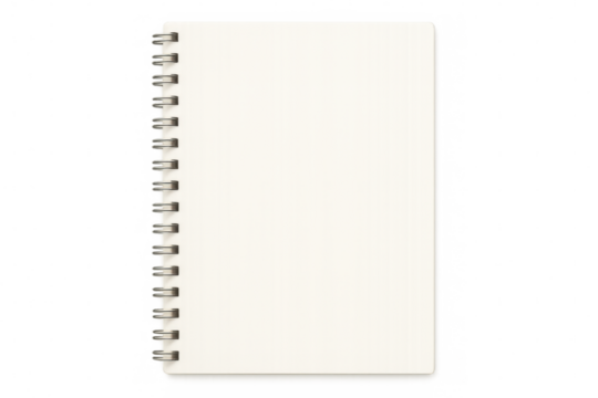 Blank spiral notebook mockup displaying clean white pages against transparent backdrop