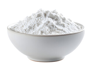 White bowl filled with white flour or powder, isolated on a clean white background,