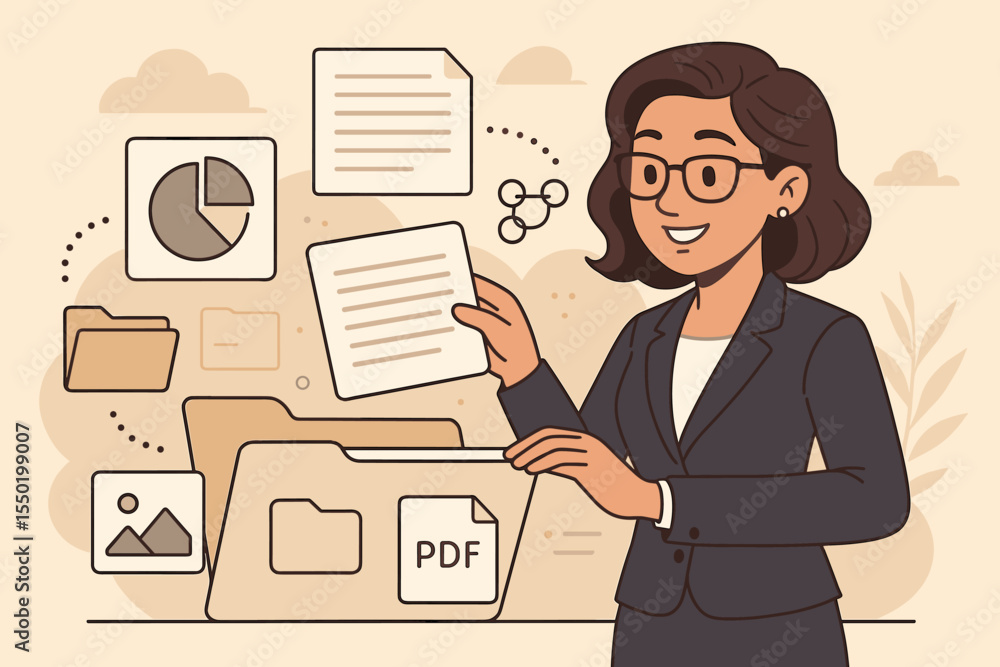 Poster businesswoman managing digital files, organizing electronic documents, sorting data folders, analyzi