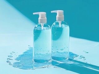 Obraz premium Two clear plastic bottles of hand sanitizer on a teal background