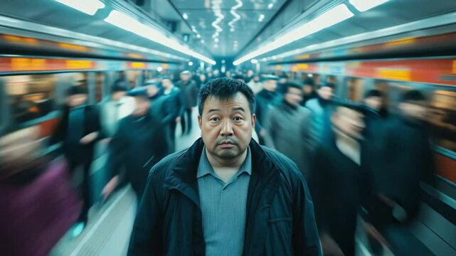 Man in a crowded subway train with blurred motion of people and train cars passing quickly by him