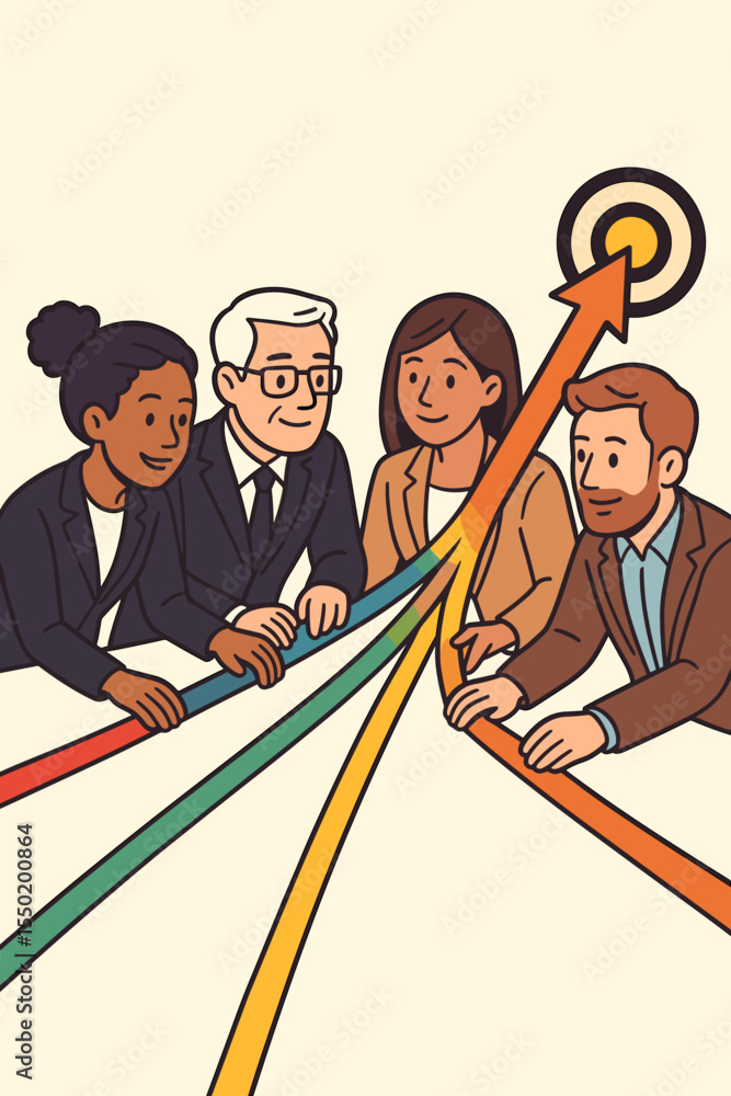 Poster diverse business team collaboration concept, merging skills and teamwork, multicolored lines uniting