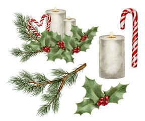 Watercolor illustration Christmas composition with white candles, candy cane heart, holly leaves with red berries, and pine branches set. For packaging, greeting cards, textiles, and seasonal decor