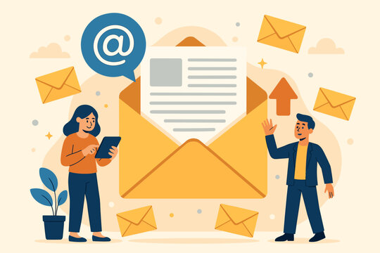 Email Marketing Newsletter Concept Illustration. Teamwork Sending Digital Mail via Tablet. Client Mailing List Management. Modern Flat Design. Communication Campaign, Direct Sales Strategy