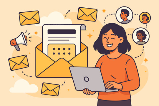 Email Marketing Campaign Concept. Woman with Laptop Sending Newsletters. Digital Communication, Direct Sales, Online Advertising, Client Mailing List, Message Notification Vector Illustration