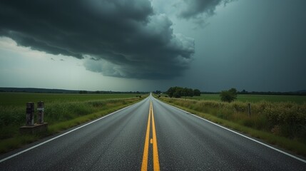 Naklejka premium A desolate road stretches towards a menacing storm.