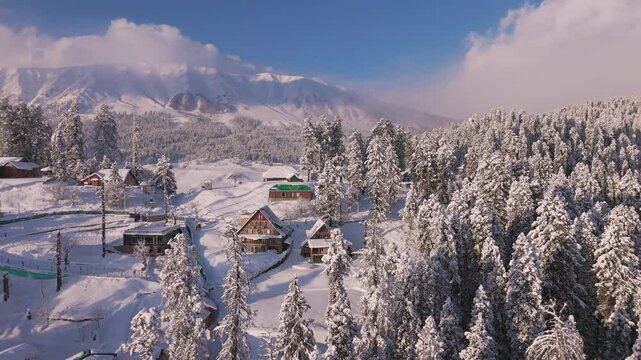 Aerial footage: winter retreat in Gulmarg surrounded by icy charm.