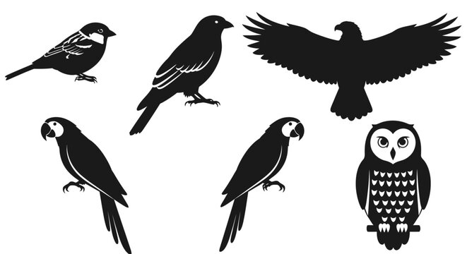 Silhouette Bird Vector Set &ndash; Owl, Parrot, Sparrow, and Eagle Icons

