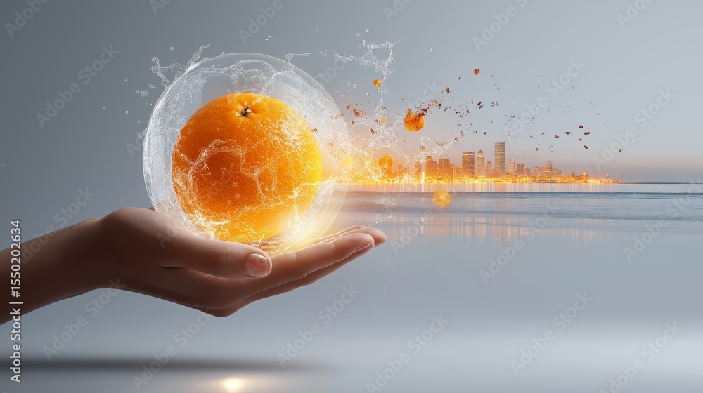 Poster orange fruit exploding with energy, against a futuristic cityscape, symbolizing innovation and techn