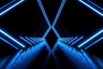 Illuminated blue neon lights form a tunnel perspective in a dark space