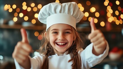A joyful young girl, donning a chef's hat and outfit, shows her excitement while giving a thumbs up, embodying the joy of cooking and enthusiasm for the culinary arts.