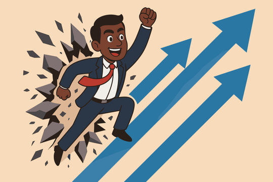 Businessman breaking through barriers with upward arrows, symbolizing success, growth, overcoming challenges, leadership, ambition, financial achievement, motivation, career advancement, progress