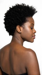 Close up profile young Black woman bare shoulders natural afro hair white background