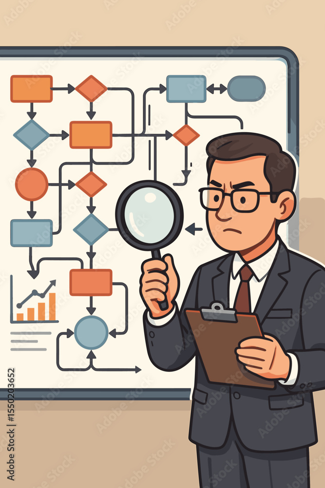 Poster business executive analyzing complex data flow chart, process mapping, workflow optimization, projec
