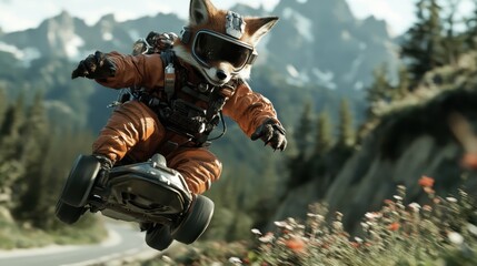 An adventurous fox in a space suit leaps through the air in a stunning outdoor setting, combining whimsical fantasy with an exhilarating sense of exploration and adventure.