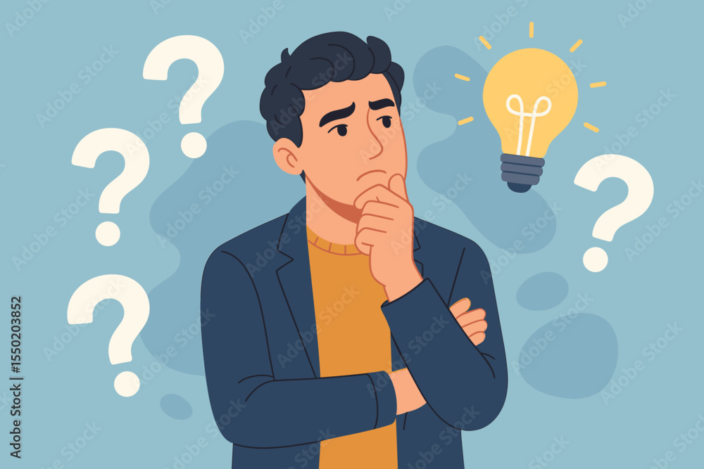 Poster thoughtful man pondering questions lightbulb idea innovation creative thinking problem solving conce