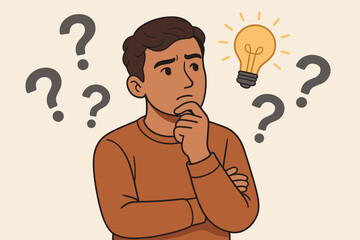 Thoughtful man surrounded by question marks conceptualizing creative solutions and ideas, mental problem solving, decision making, brainstorming, innovative thinking, vector cartoon illustration