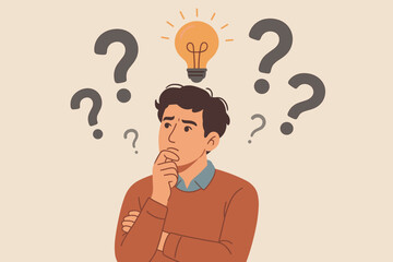 Thoughtful man pondering difficult questions, surrounded by question marks and light bulb symbolizing problem solving, creative ideas, decision making, brainstorming, confusion, and innovation concept