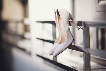Ivory dreams elegant heels poised on a gray metallic structure in a bridal boutique, anticipating...