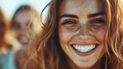 A close-up of a joyful young woman with freckles, radiating warmth and happiness, capturing the essence of carefree moments shared with friends under the sun.