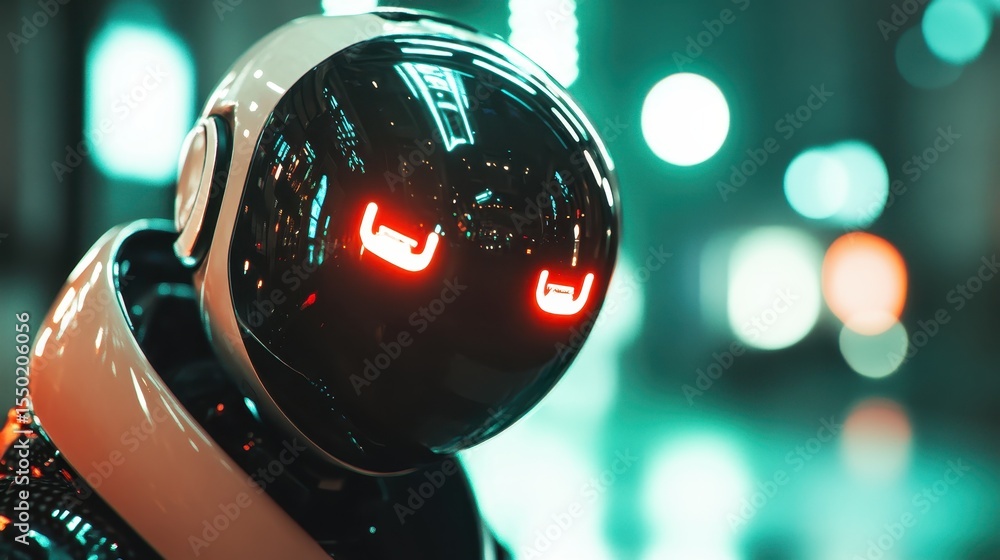 Poster a close-up of an advanced robot with glowing eyes set against a captivating urban background, repres