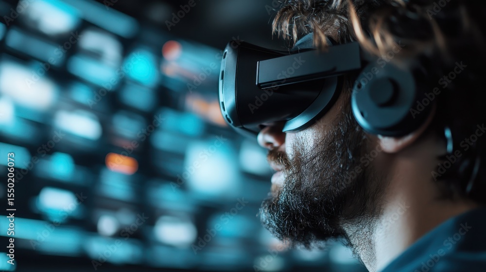 Poster a man wearing a virtual reality headset immerses himself in a vibrant digital environment filled wit