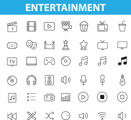 Entertainment Line Icons,  Music, Movie, Game Controller, Headphones, Microphone, Popcorn, and More,  Editable Formats: AI, EPS, JPG, PNG, and Ideal for Both Digital and Print Use

