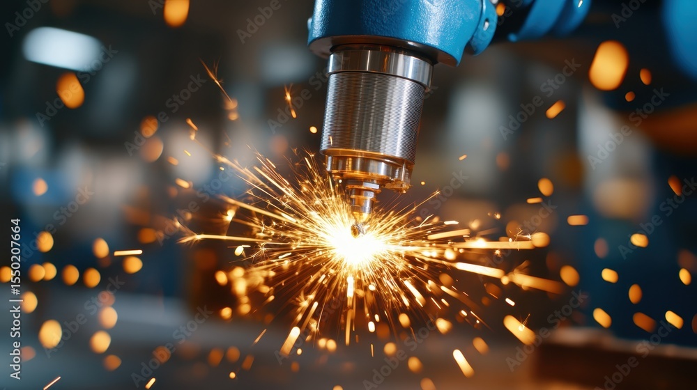 Poster a close-up image of a machine part generating vibrant sparks during a precision manufacturing proces