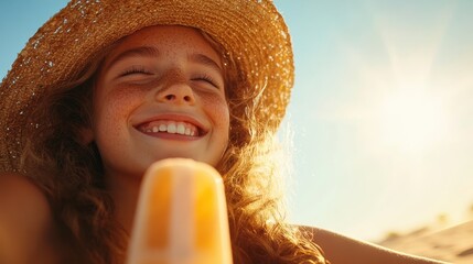A joyful girl smiles brightly while holding a popsicle, basking in the warm sun, capturing the essence of carefree childhood days and the delight of summer experiences.