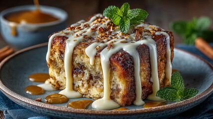 Cinnamon roll with icing and mint leaf topping
