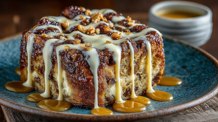 Cinnamon roll drizzled with cream glaze
