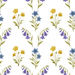Watercolor seamless field flower pattern with daisies, forget-me-nots, cornflowers, carnations, bellflowers in vintage palette