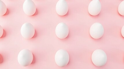A neatly arranged pattern of white eggs on a pastel pink background.
